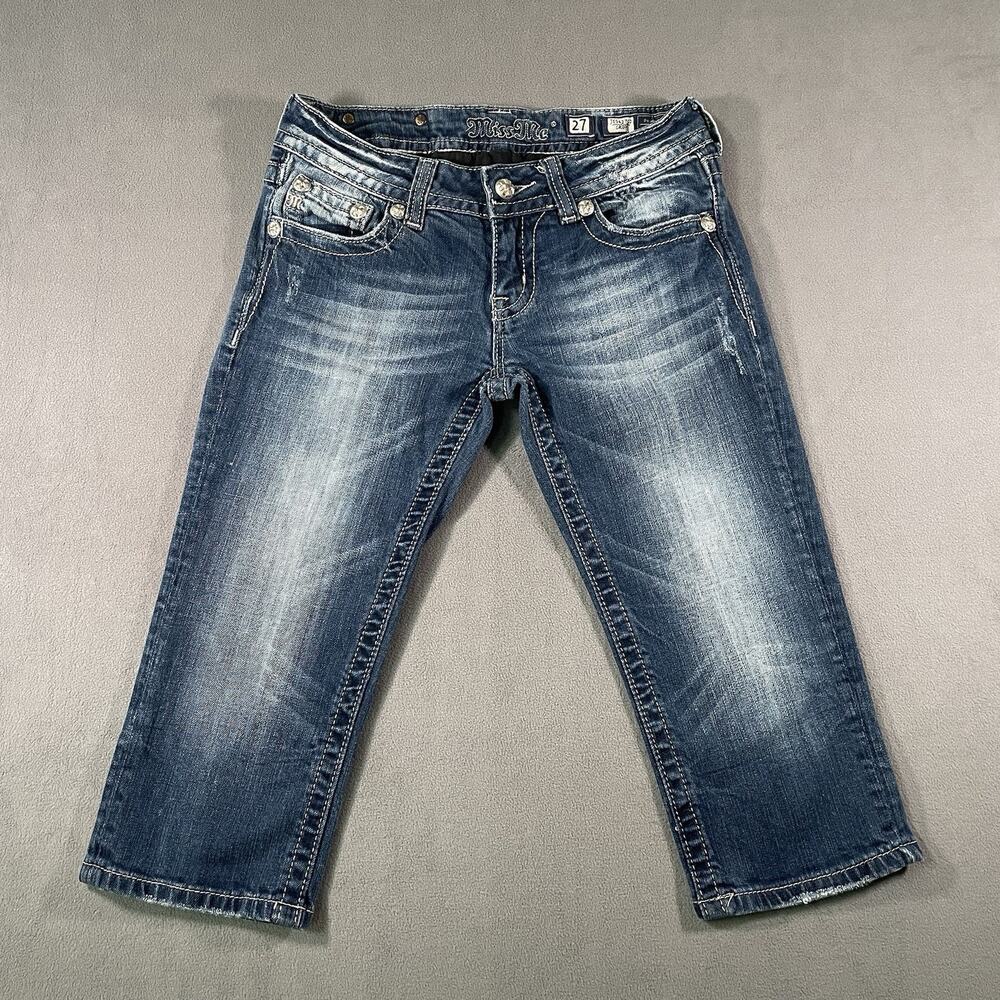 Miss Me Capri Crop Blue Jeans 27 x 16.5 Flap Pocket Bling JE5427C2 - Picture 1 of 13